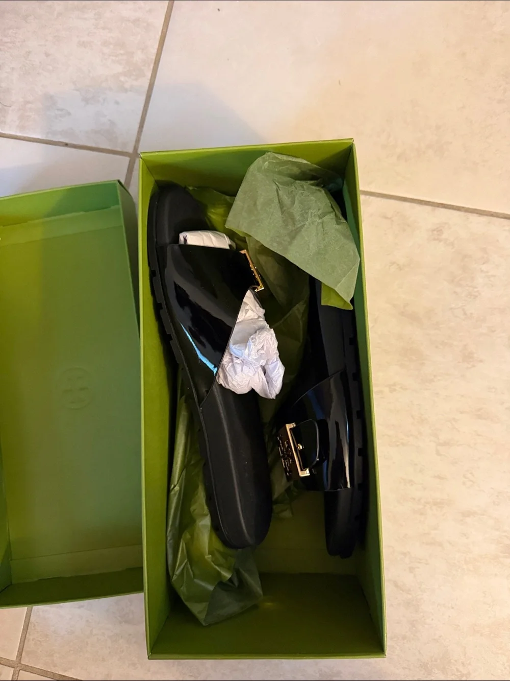 Tory Burch Lime Green Box with Gold Logo  buckle slide